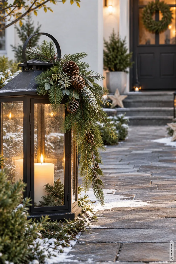 Weihnachtsdeko für den Vorgarten: 5 Ideen, die schon von der Straße aus wirken Weihnachtsdeko für den Vorgarten mit Laterne, Tannengrün und geschmücktem Gartenweg.