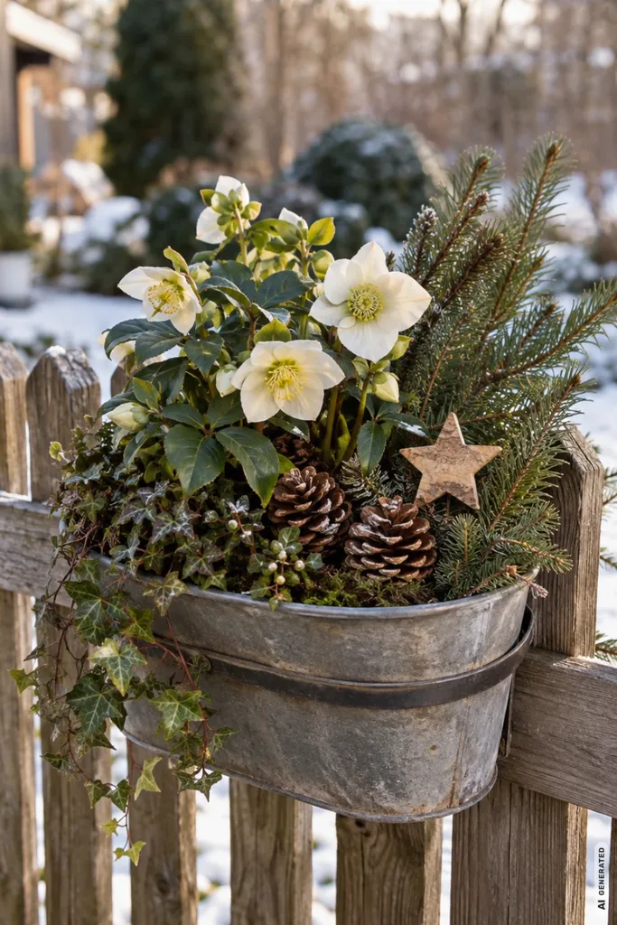 Weihnachtsdeko für den Gartenzaun: 5 einfache Ideen, die kahle Zäune verschönern Metallpflanzgefäß am Holzgartenzaun mit weißen Christrosen, Tannenzweigen, Kiefernzapfen und Holzstern.