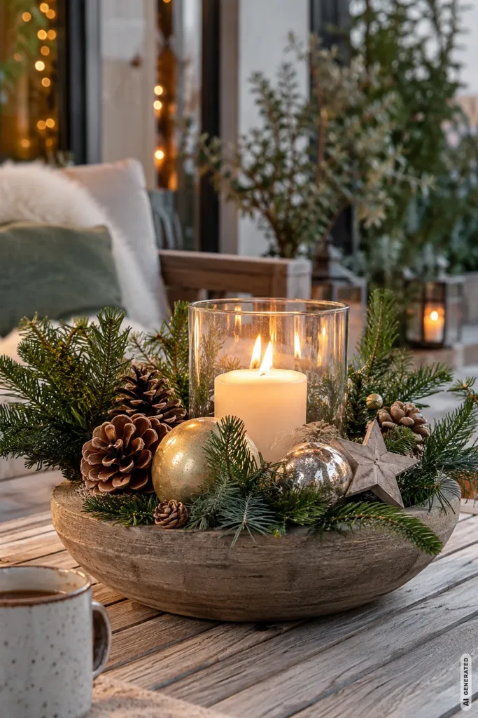 Weihnachtsdeko für die Terrasse: 5 Ideen, die auch vom Wohnzimmer aus schön wirken Weihnachtsdeko für die Terrasse mit Schale, Tannengrün, Zapfen und Kerze auf einem Holztisch.