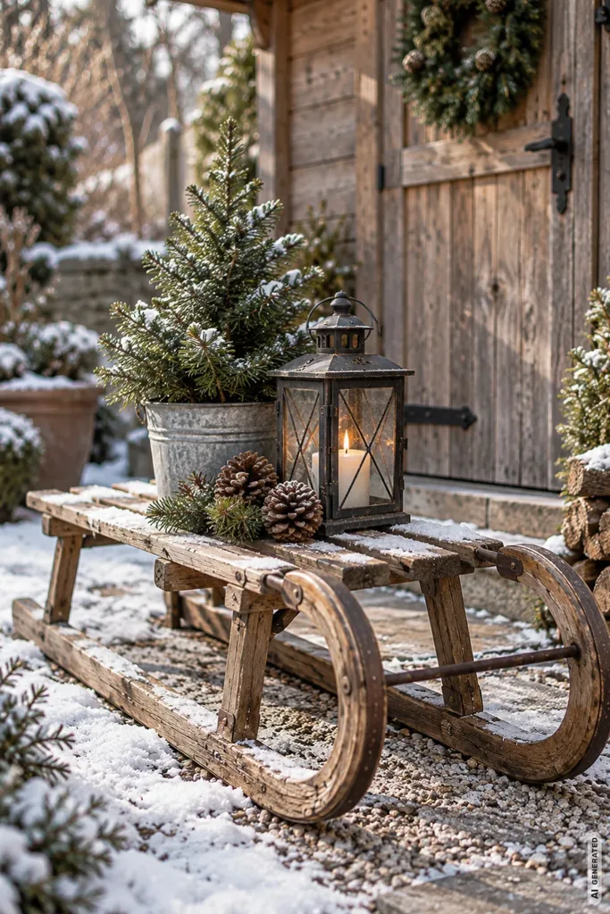 Weihnachtsdeko mit alten Schlitten: 5 Ideen, die auch ohne Schnee schön aussehen Alter Holzschlitten als Weihnachtsdeko vor dem Gartenhaus mit kleinem Tannenbaum, Laterne und Tannenzapfen.