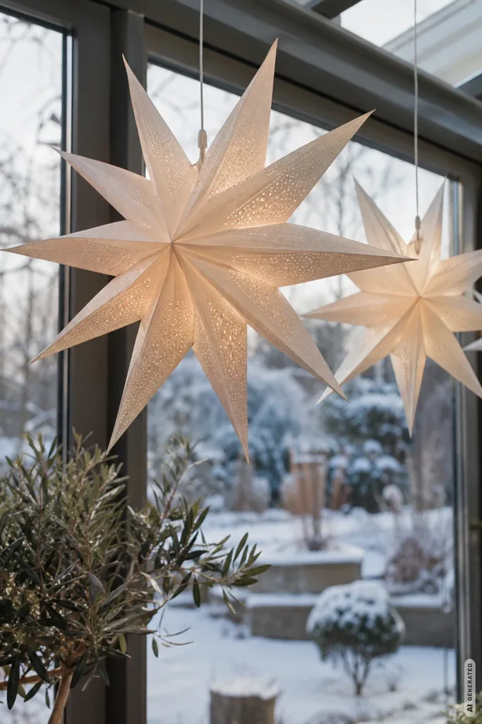 Weihnachtsdeko für den Wintergarten mit leuchtenden Papiersternen vor großen Fenstern und winterlichem Garten.