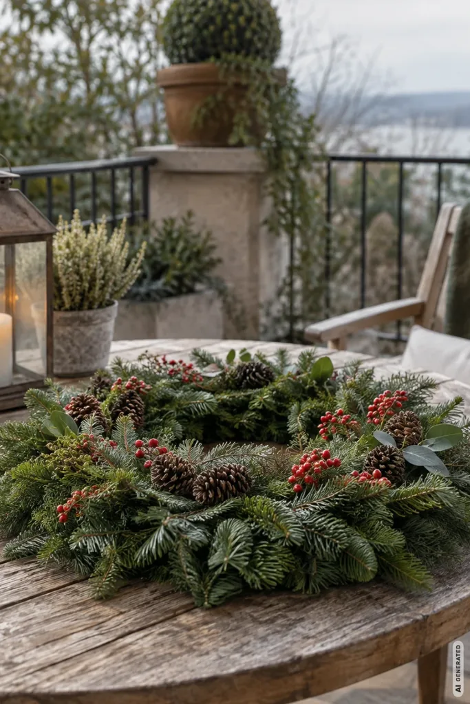 Flacher Weihnachtskranz aus Tannenzweigen, roten Beeren und Zapfen auf einem runden Terrassentisch aus Holz.