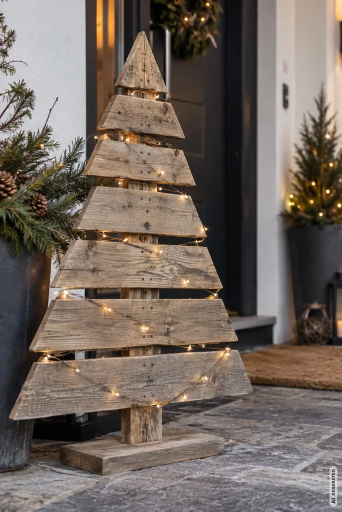 Weihnachtsdeko mit Zaunlatten: 5 kreative Ideen, die altes Holz wieder schön machen Selbst gebauter Weihnachtsbaum aus verwitterten Zaunlatten mit warmweißer Lichterkette vor einer Haustür.