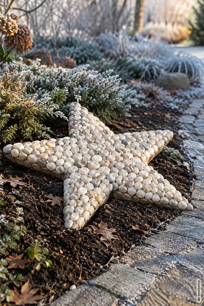 Weihnachtsdeko mit Steinen: 5 Ideen für den Garten, die keinen Cent kosten Heller Stern aus Kieselsteinen im Beet neben einem gepflasterten Gartenweg mit frostigen Pflanzen.