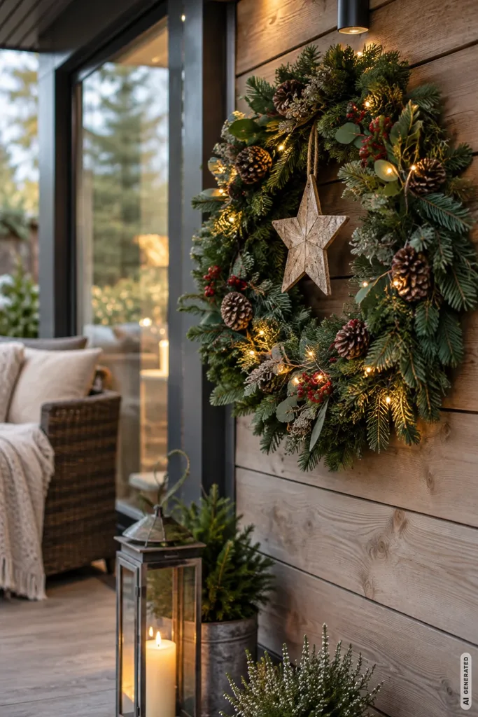 Weihnachtsdeko für die Terrasse: 5 Ideen, die auch vom Wohnzimmer aus schön wirken Weihnachtsdeko für die Terrasse mit großem Tannenkranz, Holzstern und Laterne an einer geschützten Hauswand.