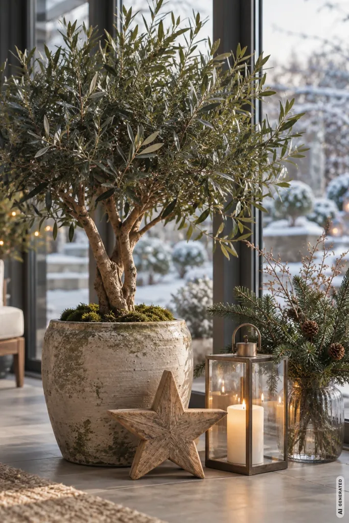 Weihnachtsdeko für den Wintergarten mit Olivenbaum, Holzstern, Tannenzweigen und einer Laterne.