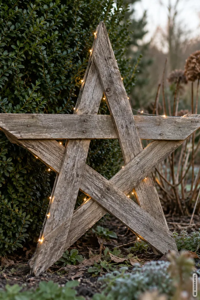 Weihnachtsdeko mit Zaunlatten: 5 kreative Ideen, die altes Holz wieder schön machen Großer Weihnachtsstern aus verwitterten Zaunlatten mit Lichterkette vor einer immergrünen Hecke im Garten.