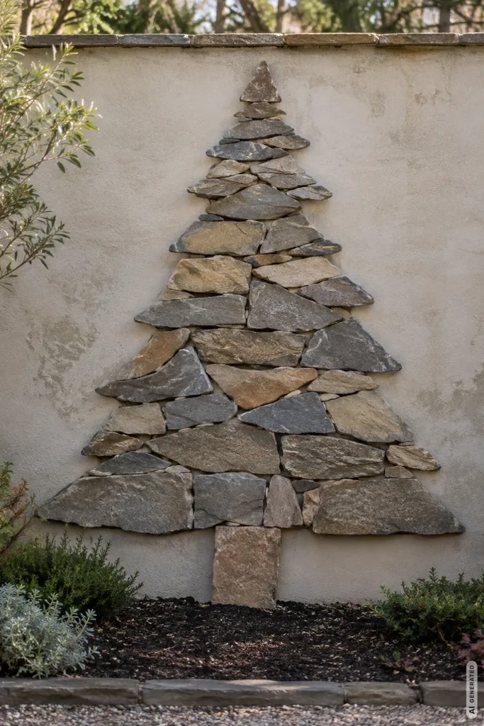Weihnachtsdeko mit Steinen: 5 Ideen für den Garten, die keinen Cent kosten Weihnachtsbaum aus flachen Natursteinen vor heller Gartenmauer in einem schmalen Beet.
