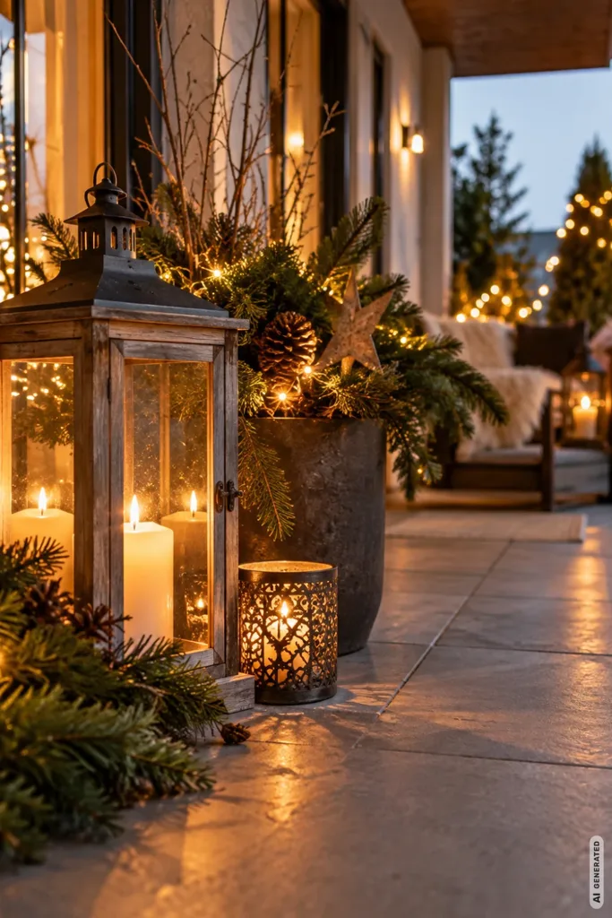 Weihnachtsdeko für die Terrasse: 5 Ideen, die auch vom Wohnzimmer aus schön wirken Weihnachtsdeko für die Terrasse mit Laternen, Tannengrün und warmen Lichtern.