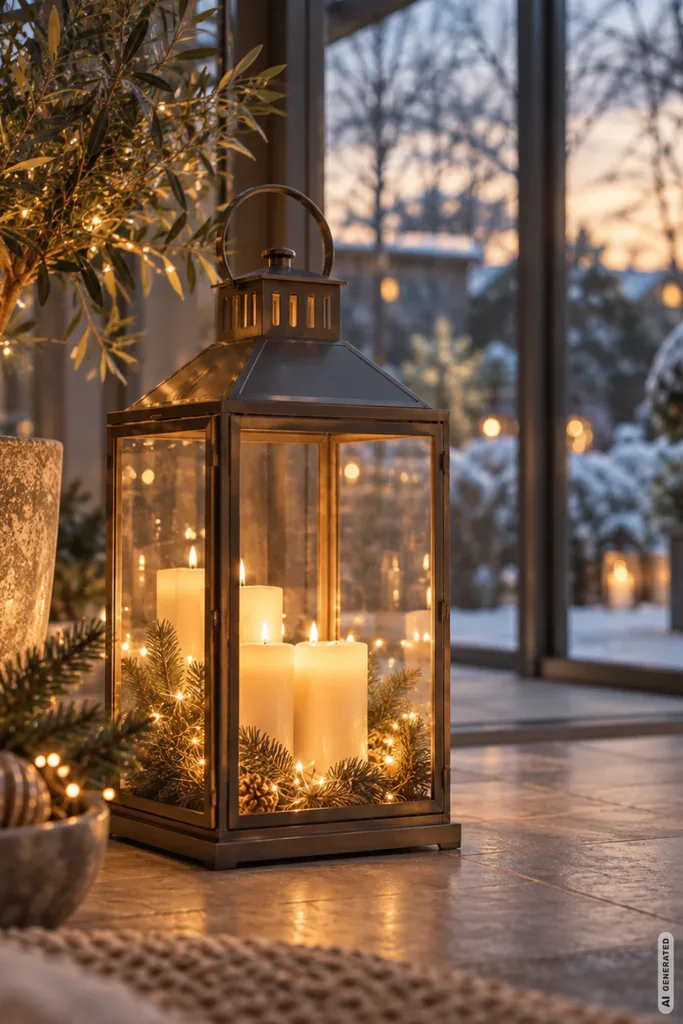 Weihnachtsdeko für den Wintergarten mit leuchtender Laterne, warmweißer Lichterkette und Tannenzweigen.