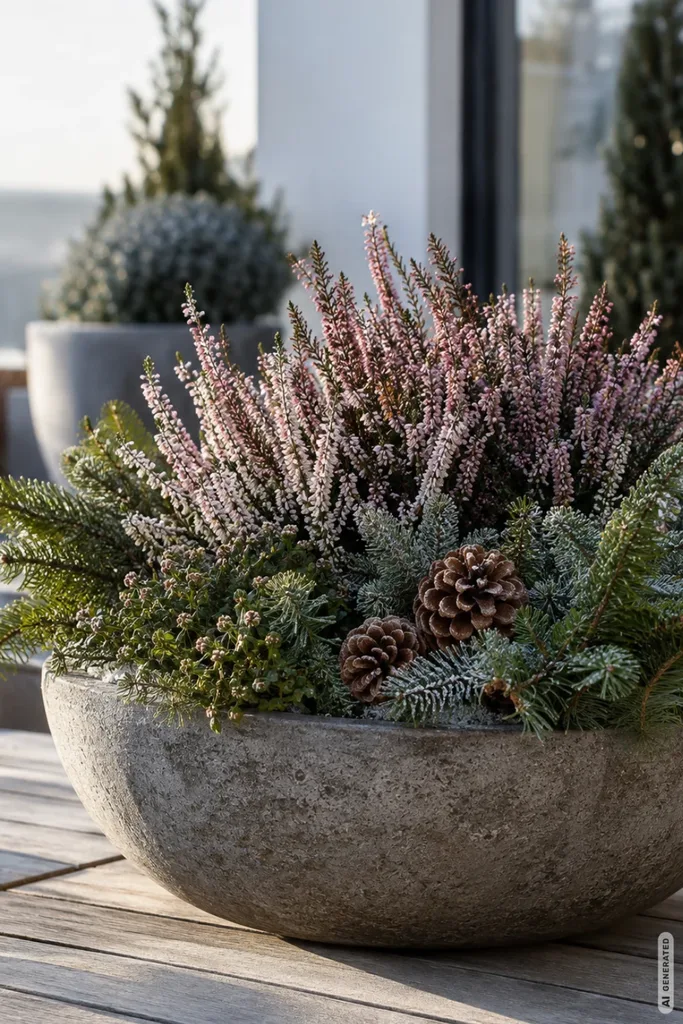 Große Pflanzschale mit rosa Winterheide, Tannenzweigen und Zapfen auf einem Terrassentisch aus Holz.