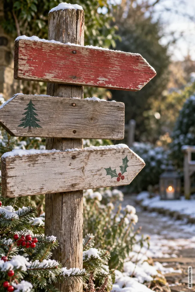 Weihnachtsdeko mit Zaunlatten: 5 kreative Ideen, die altes Holz wieder schön machen Weihnachtlicher Wegweiser aus alten Zaunlatten mit drei Holzpfeilen an einem verschneiten Gartenweg.