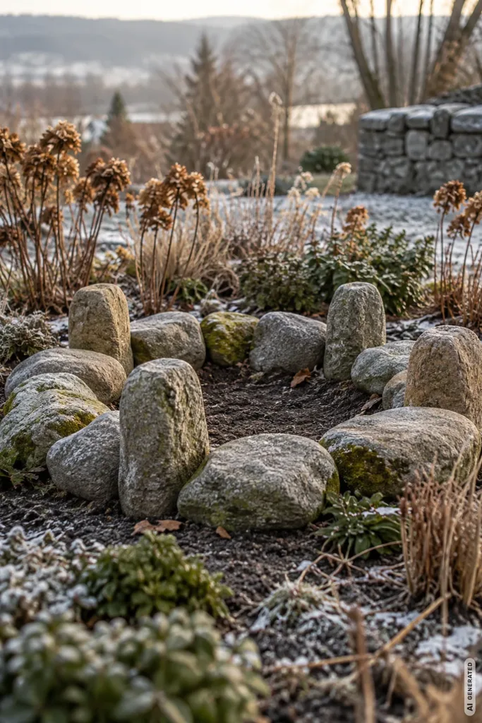 Weihnachtsdeko mit Steinen: 5 Ideen für den Garten, die keinen Cent kosten Kreis aus Feldsteinen im winterlichen Staudenbeet, als schlichter Adventskranz angelegt.