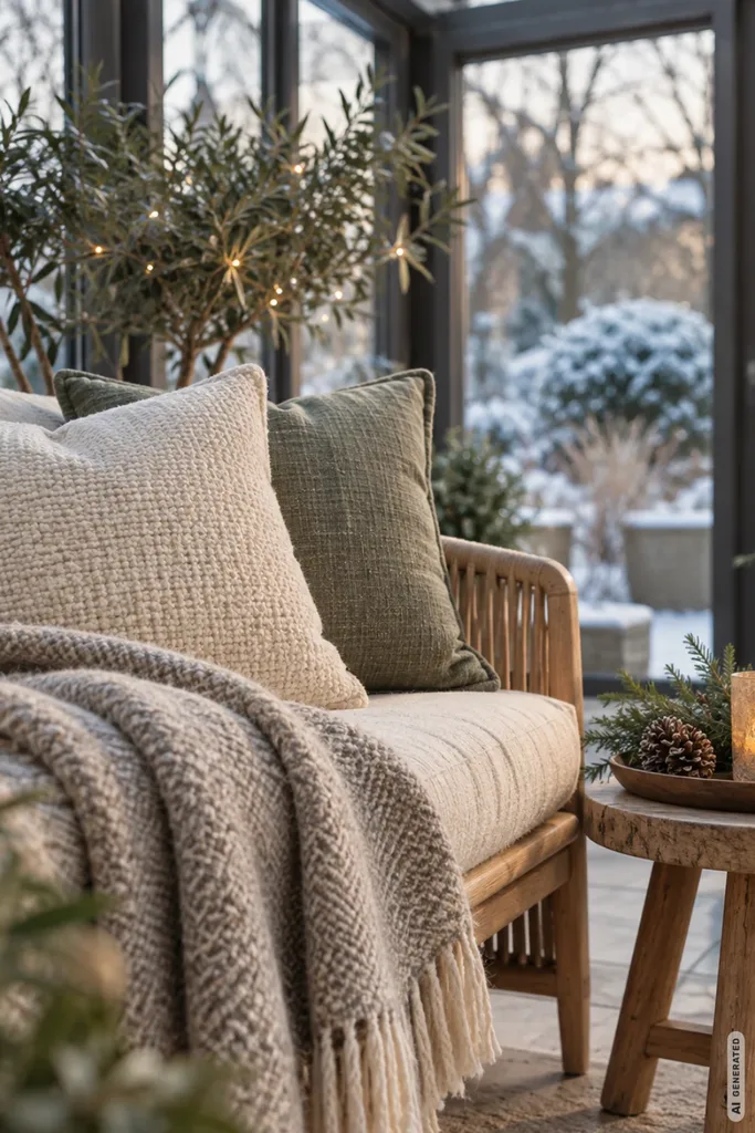 Weihnachtsdeko für den Wintergarten mit gemütlicher Sitzbank, grünen Kissen, Kuscheldecke und Kerzenlicht.
