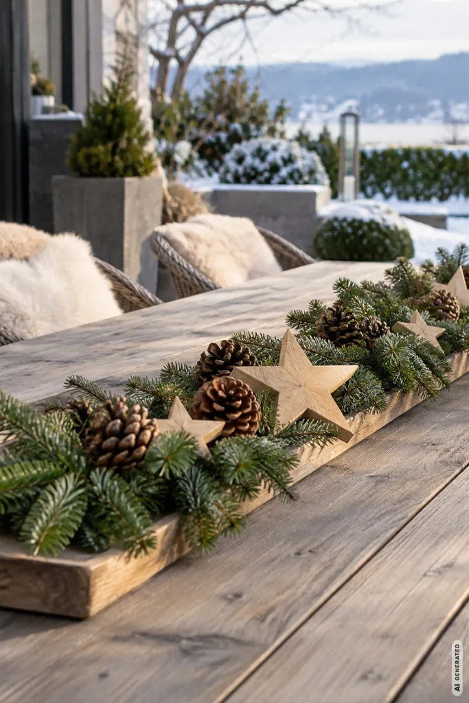 Langes Holztablett mit Tannenzweigen, Zapfen und Holzsternen auf einem großen rechteckigen Terrassentisch.