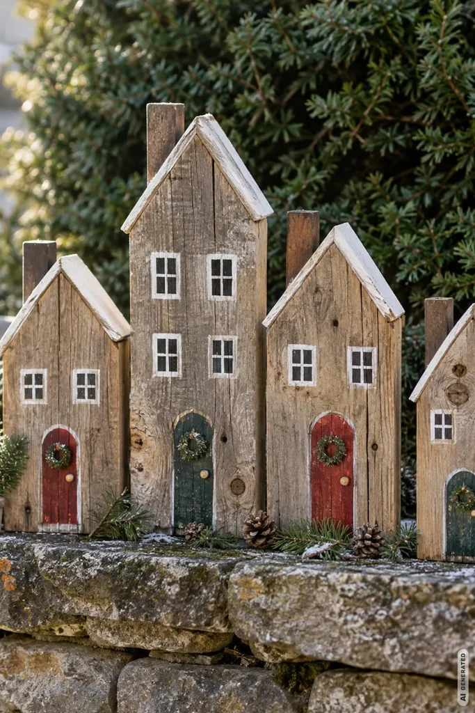 Weihnachtsdeko mit Zaunlatten: 5 kreative Ideen, die altes Holz wieder schön machen Vier weihnachtliche Holzhäuser aus alten Zaunlatten mit bemalten Fenstern und Türen auf einer Gartenmauer.