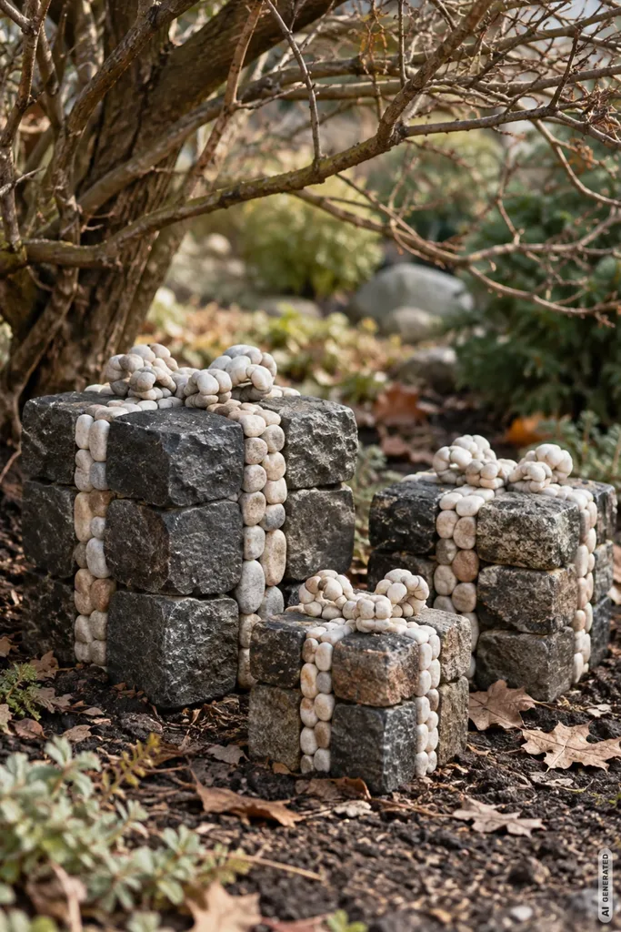 Weihnachtsdeko mit Steinen: 5 Ideen für den Garten, die keinen Cent kosten Drei Geschenkformen aus dunklen und hellen Steinen unter einem kahlen Strauch im Garten.