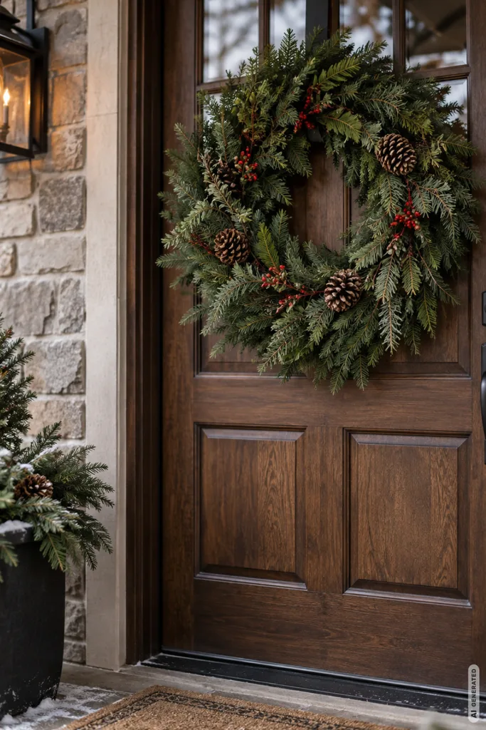 Weihnachtsdeko am Hauseingang: 5 Ideen, die schön wirken und Wege frei halten Weihnachtsdeko am Hauseingang mit großem Türkranz aus Tannengrün an dunkler Holztür und Winterkübel.