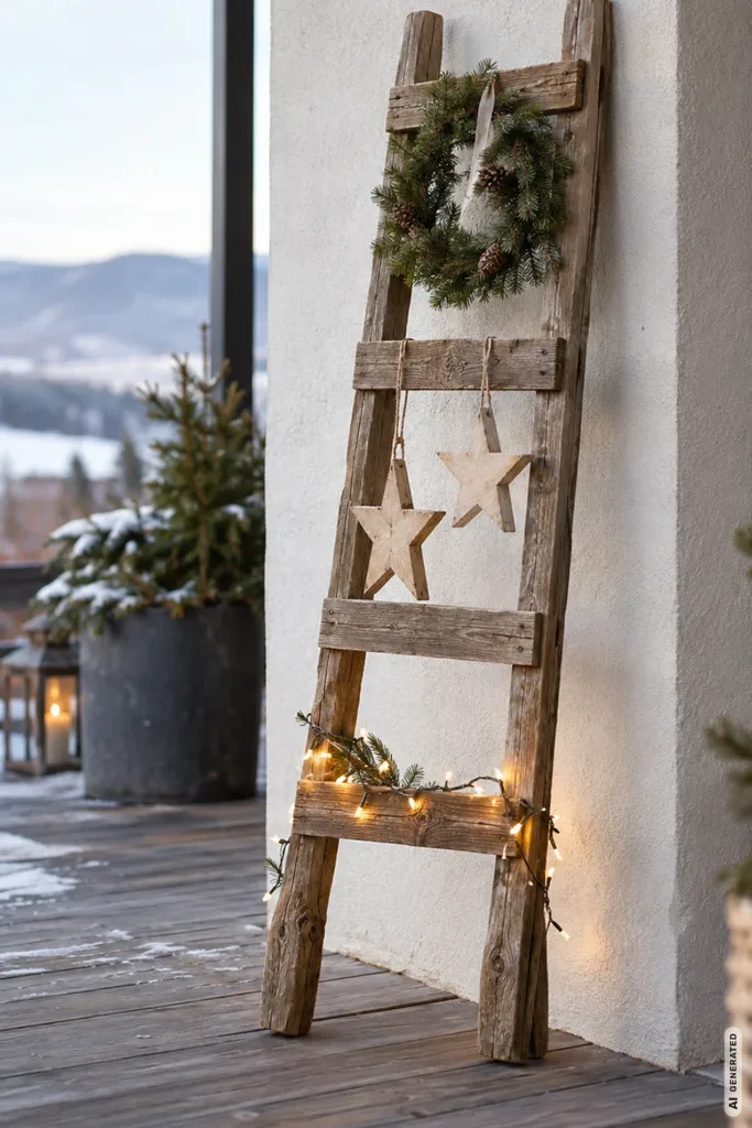 Weihnachtsdeko mit Zaunlatten: 5 kreative Ideen, die altes Holz wieder schön machen Dekoleiter aus alten Zaunlatten mit Tannenkranz, Holzsternen und warmweißer Lichterkette auf einer winterlichen Terrasse.