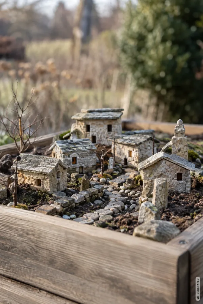 Weihnachtsdeko mit Steinen: 5 Ideen für den Garten, die keinen Cent kosten Miniaturdorf aus Steinen in einem Hochbeet mit kleinen Häusern und Kieswegen.