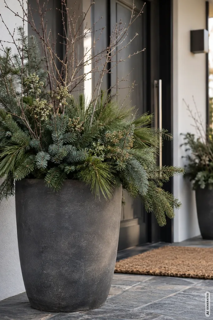 Weihnachtsdeko am Hauseingang: 5 Ideen, die schön wirken und Wege frei halten Weihnachtsdeko am Hauseingang mit großem Pflanzkübel, Tannen- und Kiefernzweigen vor moderner Haustür.