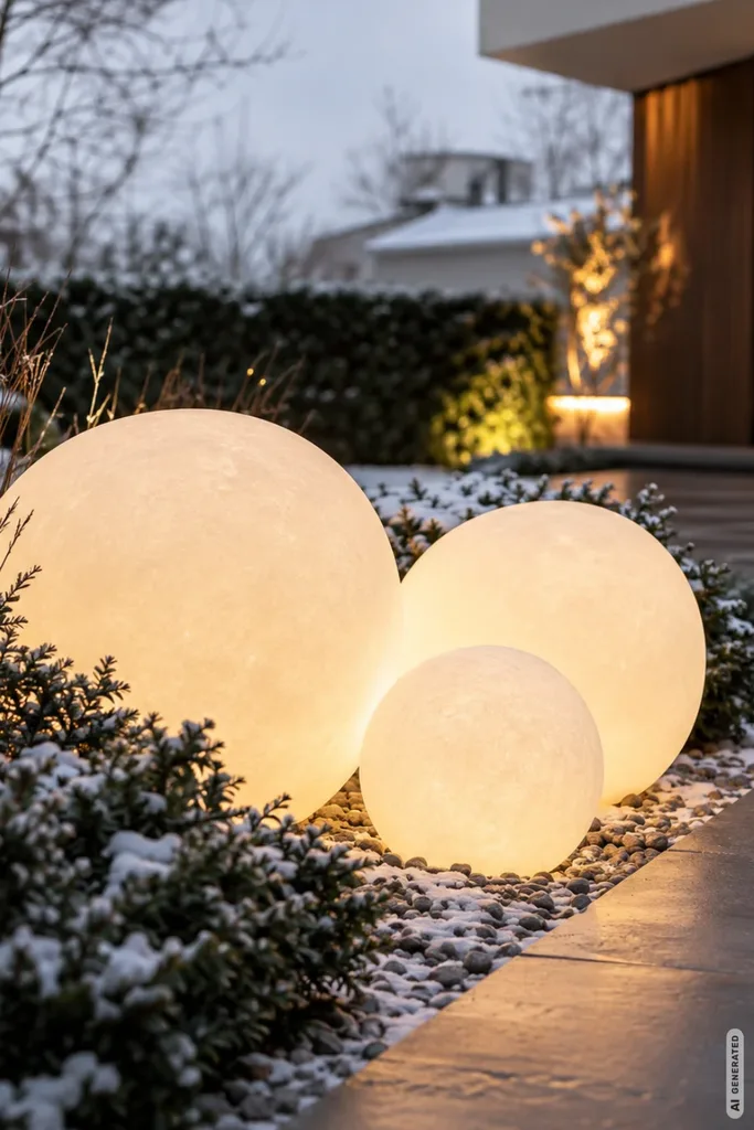 Moderne Weihnachtsdeko im Garten mit großen leuchtenden Kugeln an einem verschneiten Weg.