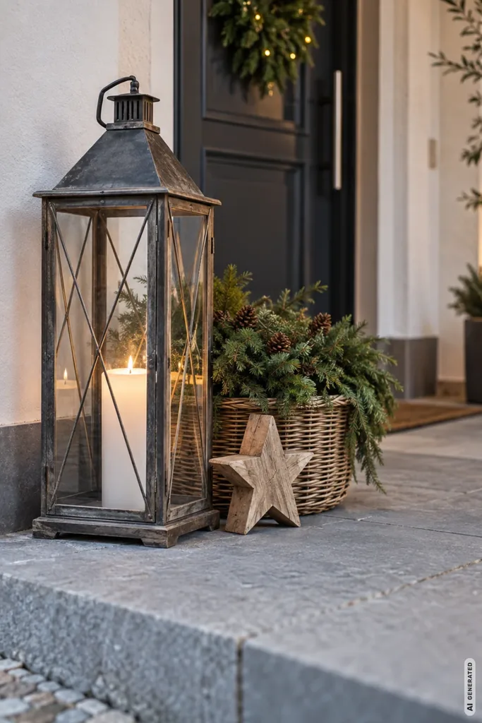Weihnachtsdeko am Hauseingang: 5 Ideen, die schön wirken und Wege frei halten Weihnachtsdeko am Hauseingang mit Laterne, Tannengrün im Korb und Holzstern.