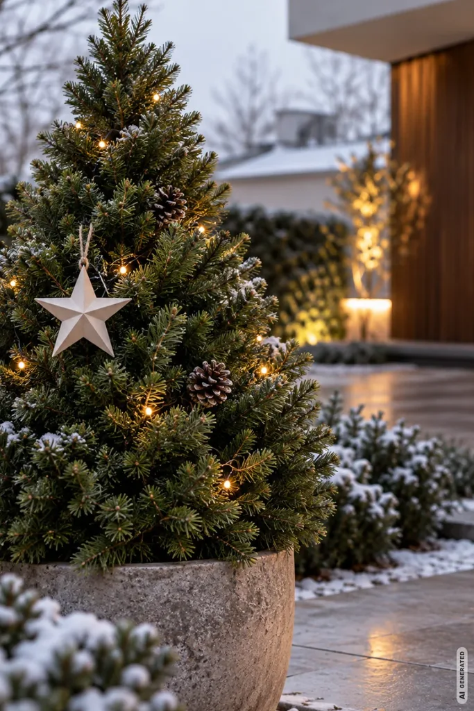 Moderne Weihnachtsdeko für den Garten mit kleinem Nadelbaum, Lichterkette und schlichtem Stern.