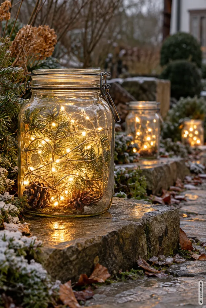 Alte Einmachgläser mit warmweißen LED-Lichtern und Tannenzweigen stehen entlang eines winterlichen Gartenwegs.