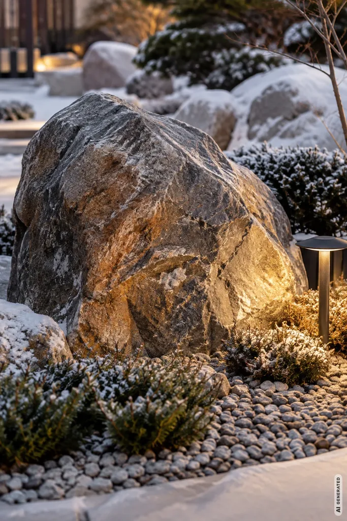 Großer Findling im winterlichen Steingarten, der von einer warmweißen Gartenleuchte seitlich angestrahlt wird.