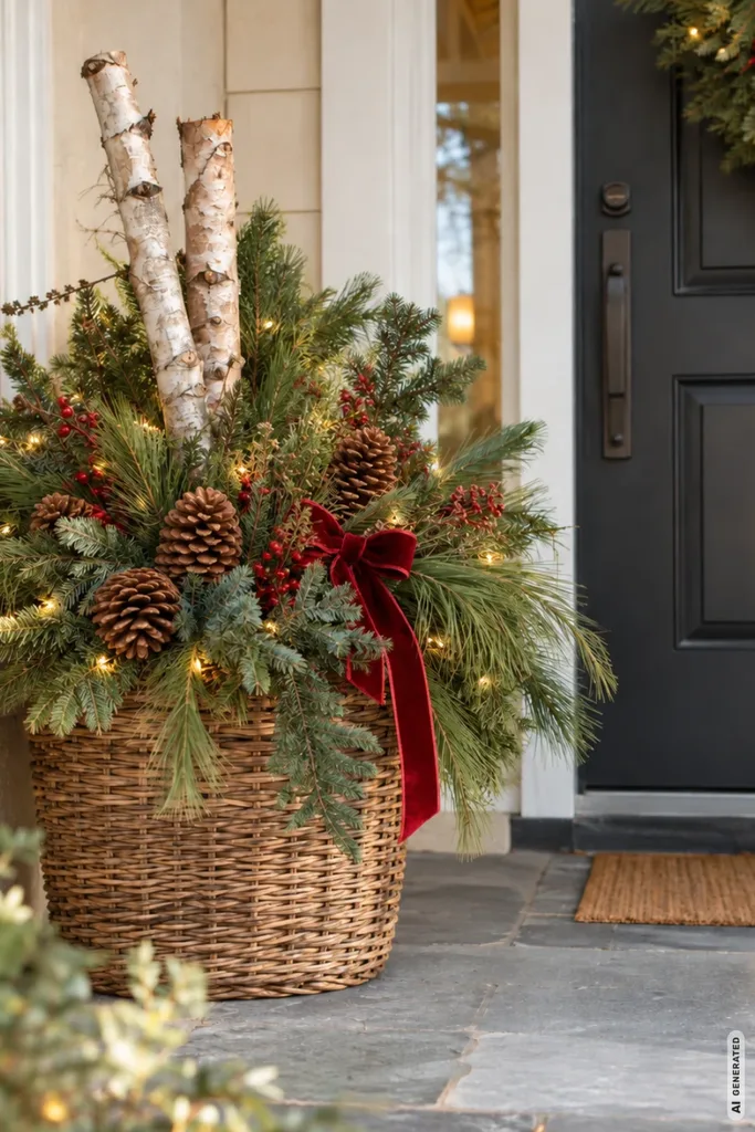 Weihnachtsdeko am Hauseingang: 5 Ideen, die schön wirken und Wege frei halten Weihnachtsdeko am Hauseingang mit Tannengrün, Zapfen, Birkenästen und roter Schleife im Korb.