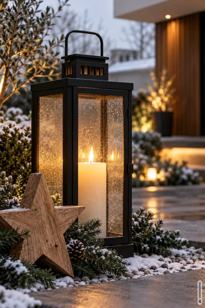 Moderne Weihnachtsdeko für den Garten mit schwarzer Laterne, Holzstern und warmem Kerzenlicht.