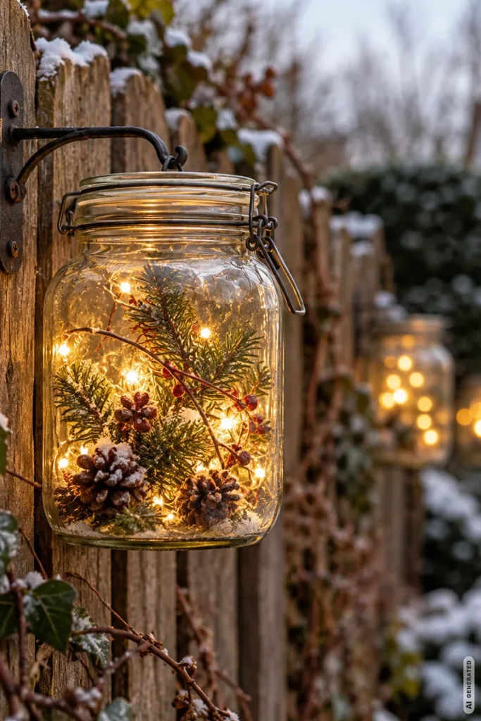 Einmachglas mit LED-Lichterkette, Tannengrün und Zapfen hängt an einem winterlichen Holzzaun.
