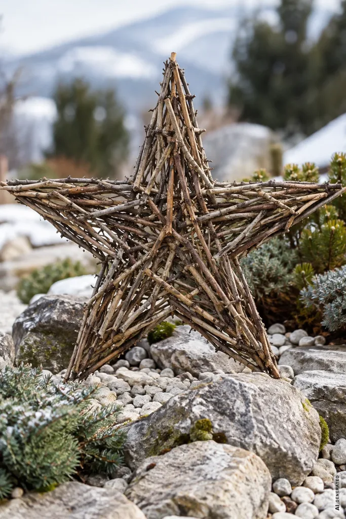 Handgefertigter Weihnachtsstern aus Naturzweigen zwischen großen Steinen und winterlichen Pflanzen im Steingarten.