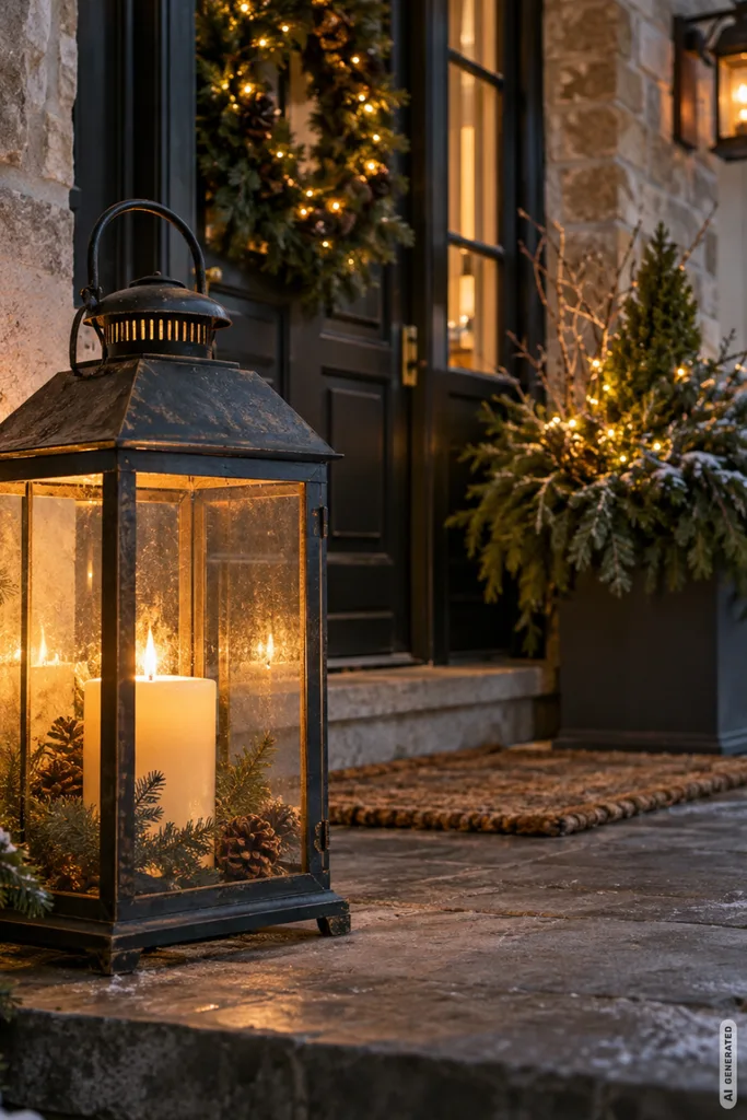 Weihnachtsdeko am Hauseingang: 5 Ideen, die schön wirken und Wege frei halten Weihnachtsdeko am Hauseingang mit großer Laterne, Tannengrün und warmen Lichtinseln vor einer dunklen Haustür.