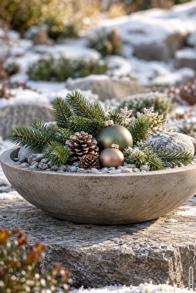 Flache Steinschale mit Tannenzweigen, Zapfen und matten Weihnachtskugeln auf einer Steinplatte im Steingarten.