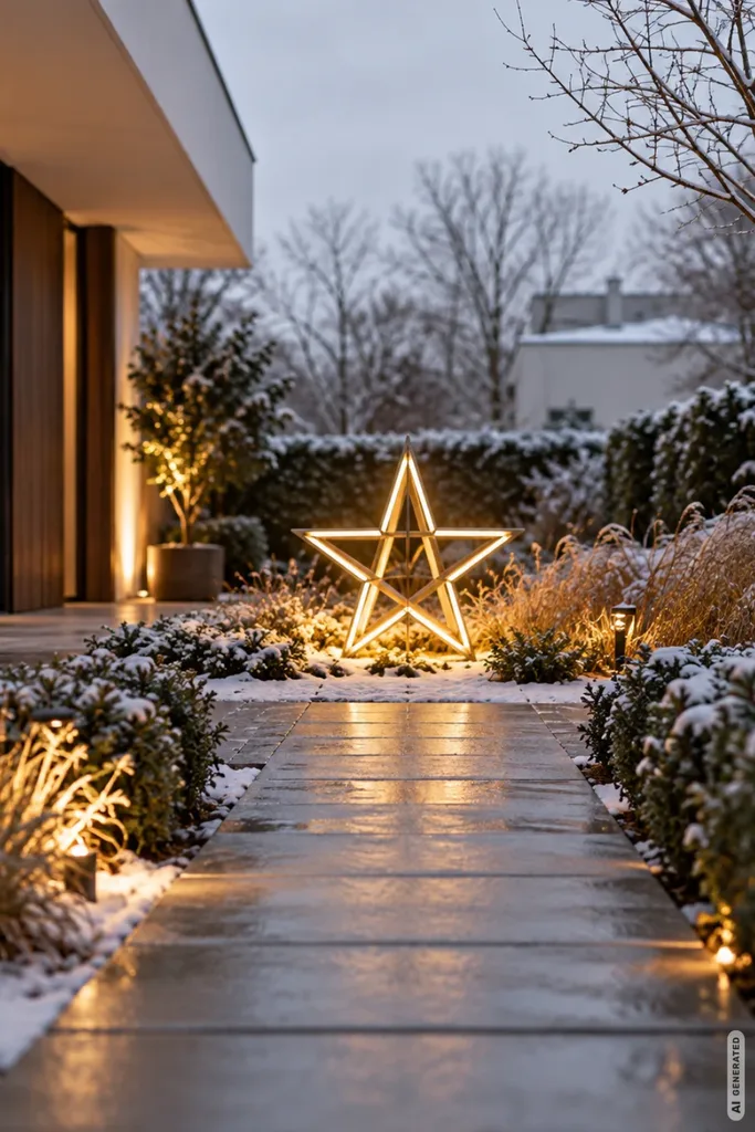 Moderne Weihnachtsdeko für den Garten mit großem leuchtendem Stern als Blickfang am Gartenweg.