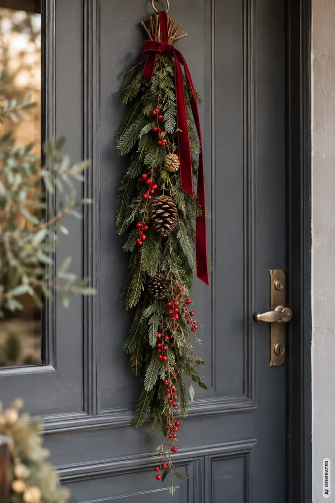 Weihnachtsdeko für die Haustür: 5 Ideen, die beim Öffnen nicht stören Weihnachtsdeko für die Haustür mit schmalem Türschmuck aus Tannengrün, roten Beeren und Samtband.