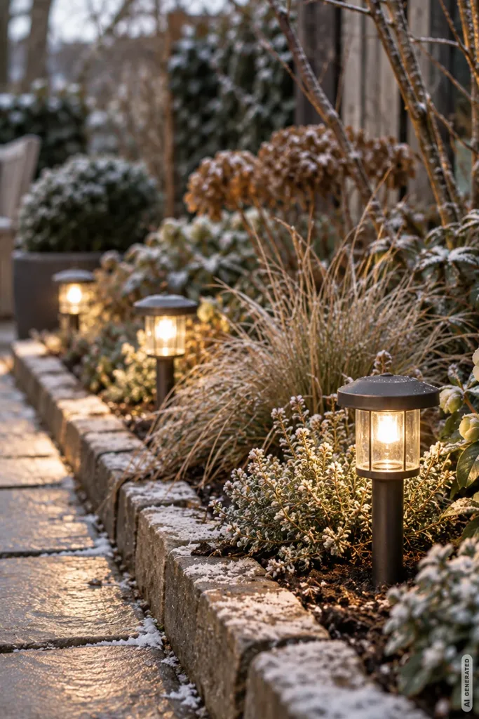 Warm leuchtende LED-Gartenleuchten entlang eines schmalen Beetes mit Gräsern und leicht verschneiten Pflanzen.