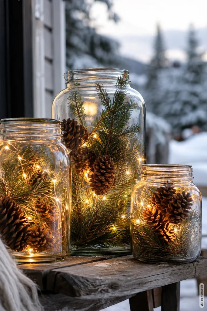 Drei unterschiedlich große Einmachgläser mit Tannengrün, Zapfen und warmweißen LED-Lichtern auf einer Holzbank.