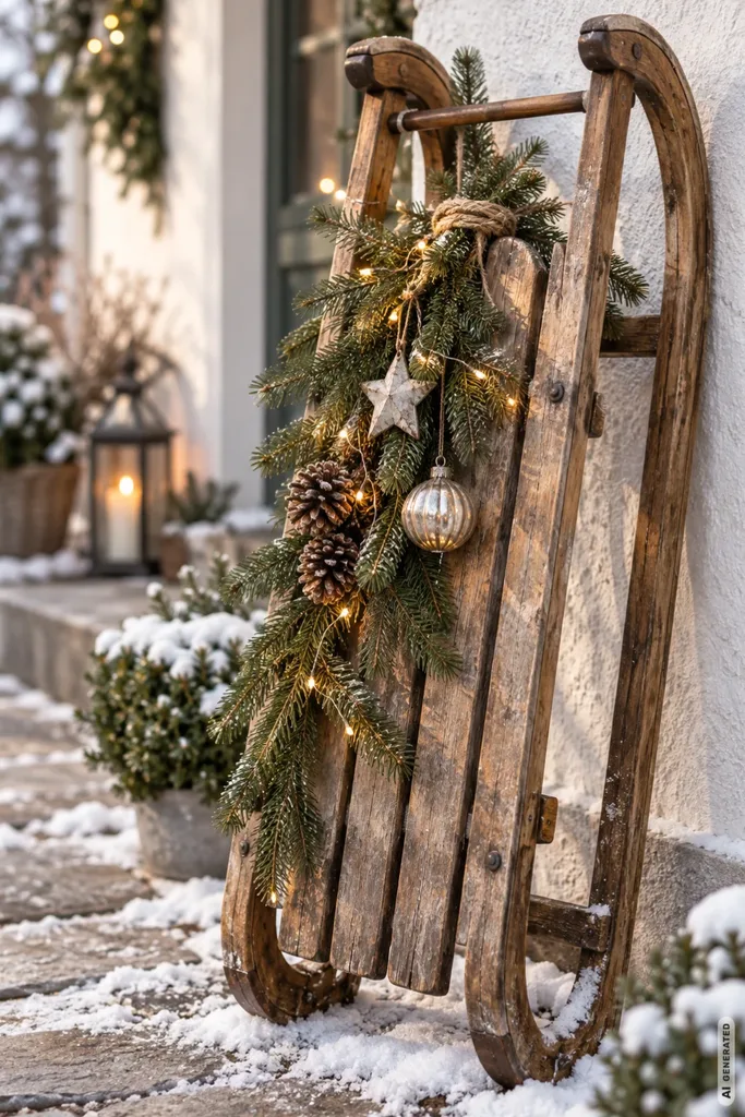 Weihnachtsdeko mit alten Schlitten: 5 Ideen, die auch ohne Schnee schön aussehen Alter Holzschlitten aufrecht an einer Hauswand, weihnachtlich dekoriert mit Tannengrün, Lichterkette und Anhängern.