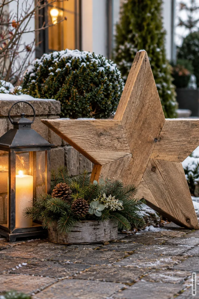Weihnachtsdeko für den Vorgarten: 5 Ideen, die schon von der Straße aus wirken Weihnachtsdeko für den Vorgarten mit großem Holzstern, Laterne und Tannengrün neben dem Gartenweg.