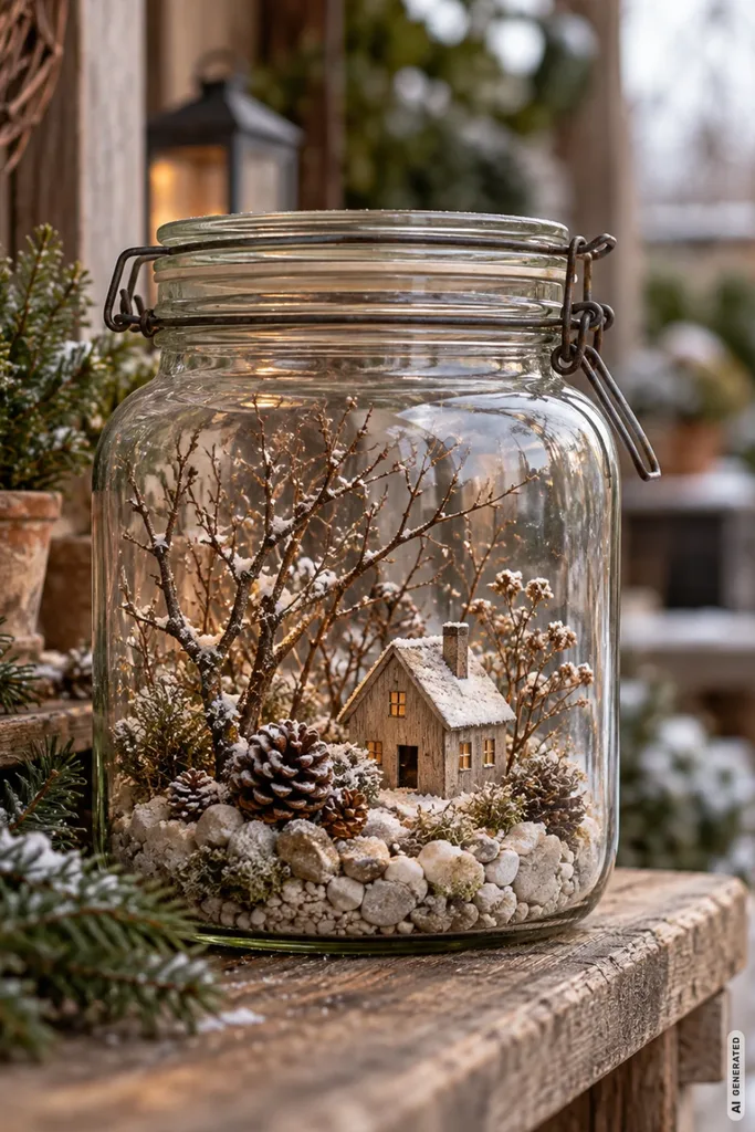 Großes Einmachglas mit Miniatur-Holzhaus, kleinen Zweigen, Zapfen und hellen Steinen auf einer Gartenbank.
