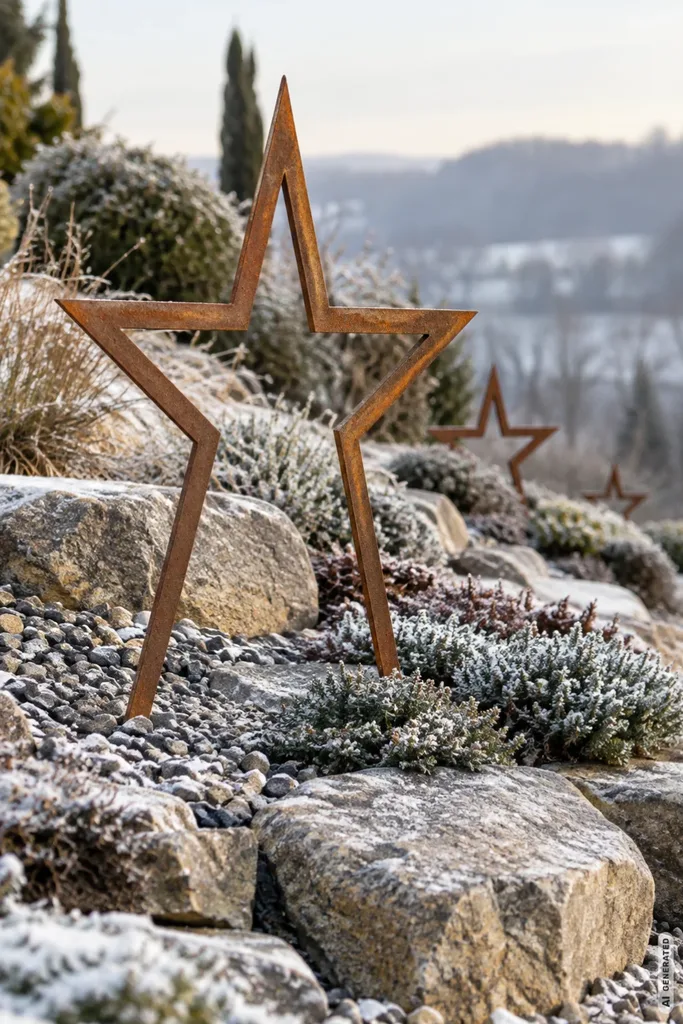 Rostfarbene Metallsterne in unterschiedlichen Größen zwischen Natursteinen und winterlichen Pflanzen an einer Böschung.