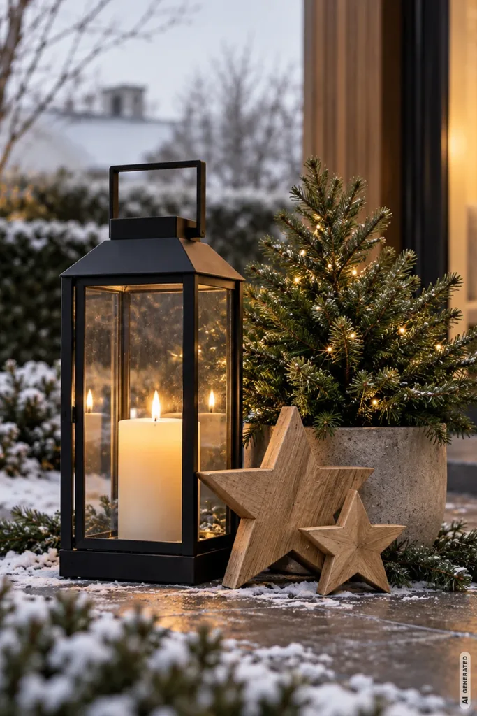 Moderne Weihnachtsdeko für den Garten mit Laterne, Holzsternen und kleinem Nadelbaum auf der Terrasse.