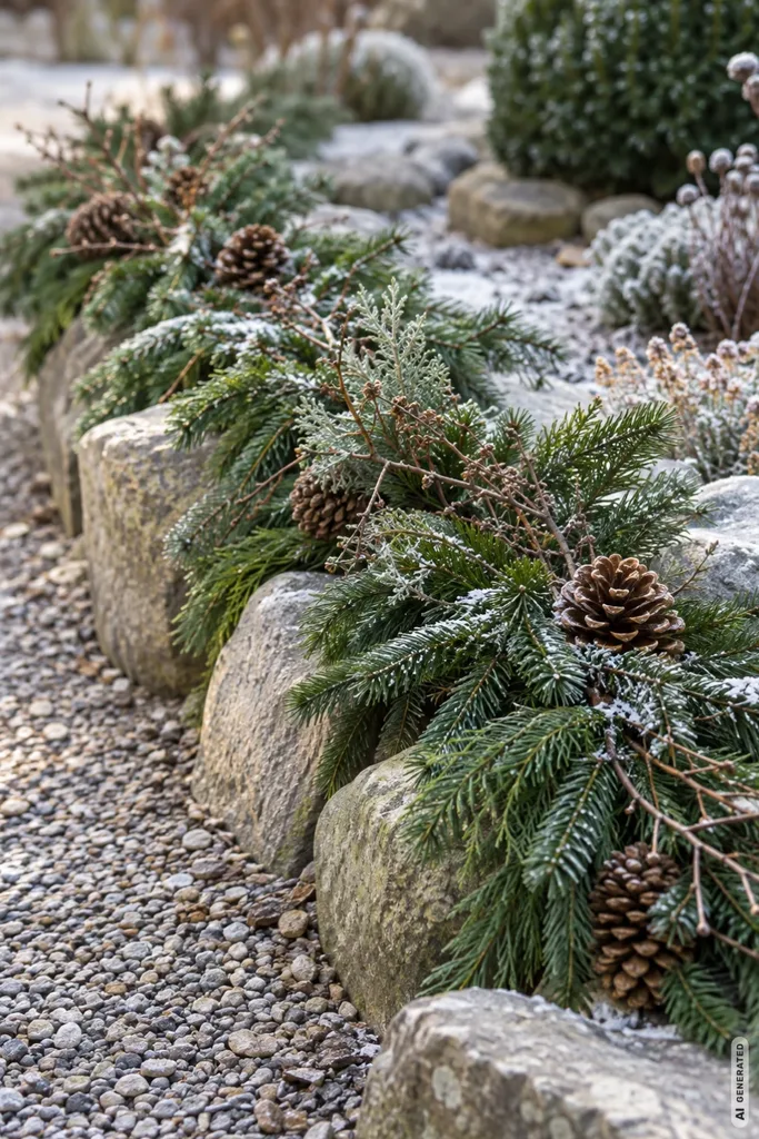 Natürliche Weihnachtsgirlande aus Tannenzweigen und Zapfen entlang einer Steinreihe am winterlichen Gartenweg.