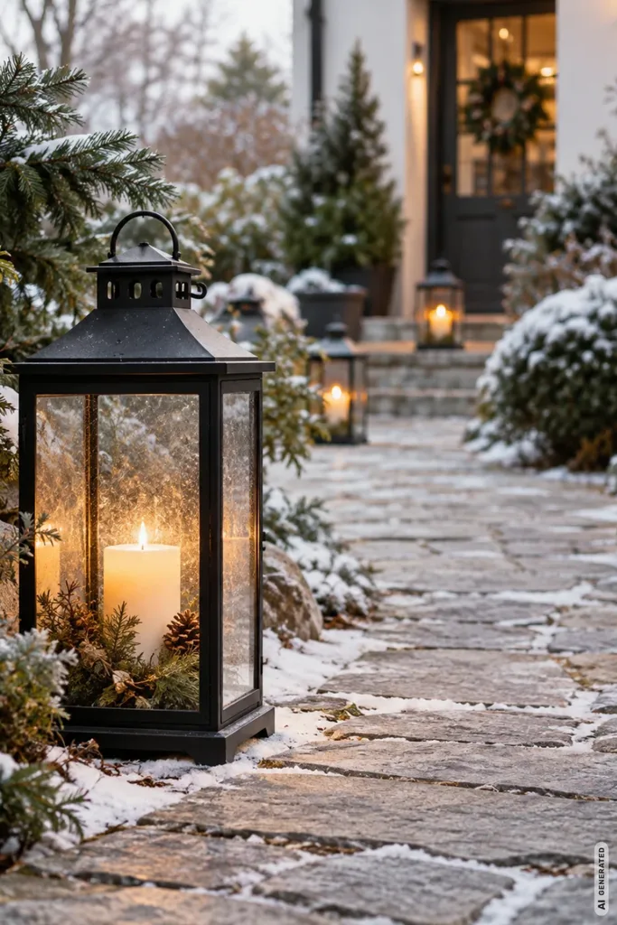 Weihnachtsdeko mit Laternen entlang eines winterlichen Gartenwegs mit warmem Kerzenlicht.