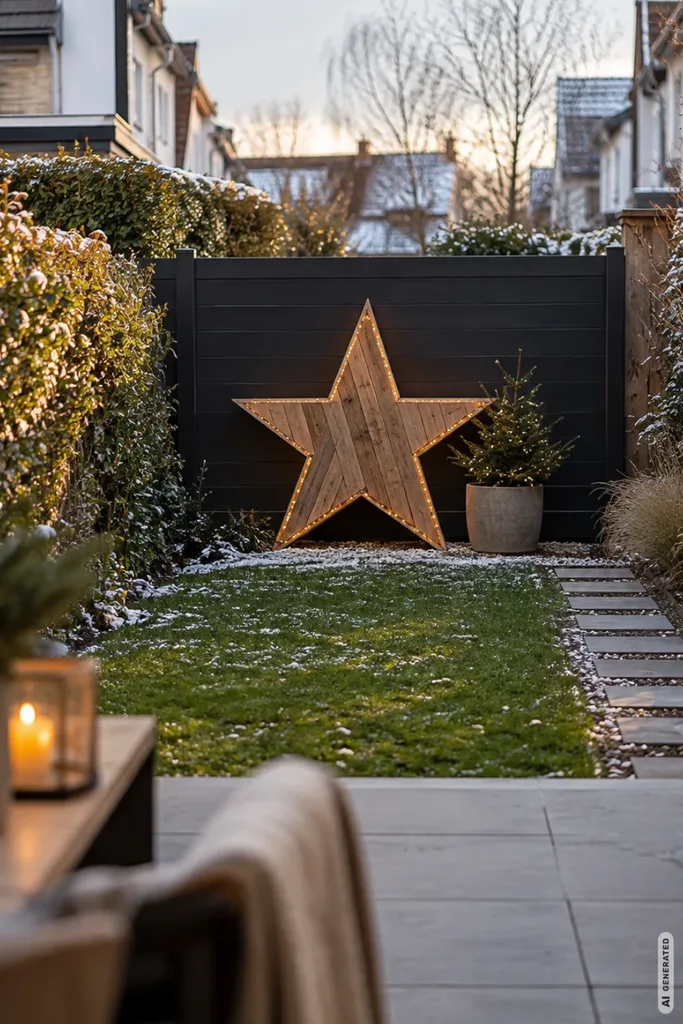 Weihnachtsdeko für den Reihenhausgarten: 5 schöne Ideen ohne vollgestellte Wege Großer beleuchteter Holzstern vor dunklem Gartenzaun in einem winterlichen Reihenhausgarten.