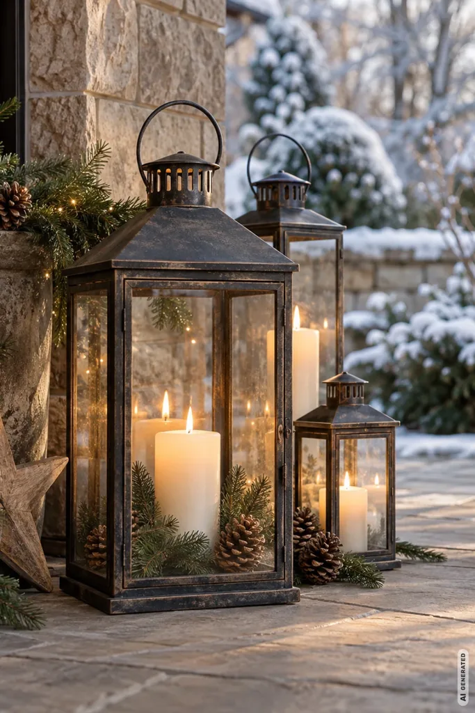 Weihnachtsdeko mit Laternen auf der Terrasse, arrangiert mit Tannengrün und Zapfen.