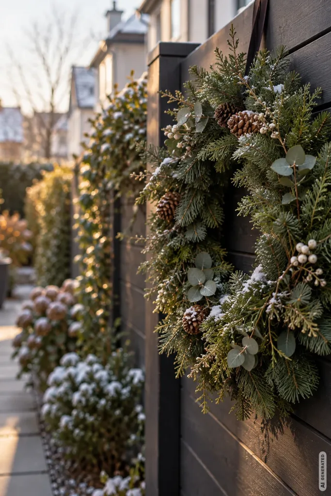 Weihnachtsdeko für den Reihenhausgarten: 5 schöne Ideen ohne vollgestellte Wege Weihnachtlicher Kranz aus Tannengrün, Zapfen und Eukalyptus an einem dunklen Holzzaun im Reihenhausgarten.